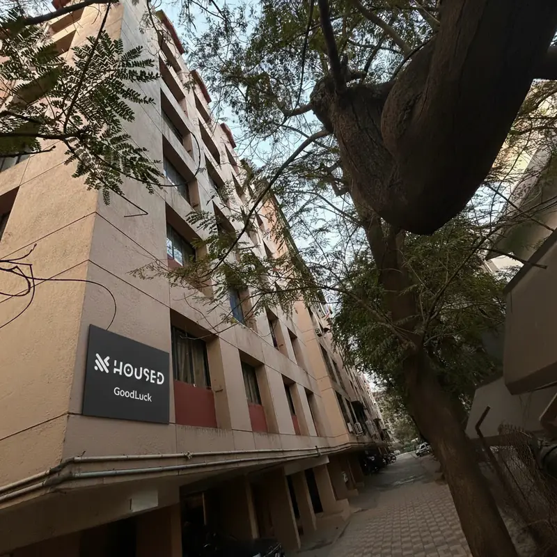 Building facade seen from the lane, with the Housed GoodLuck sign, a large tree and a paved path