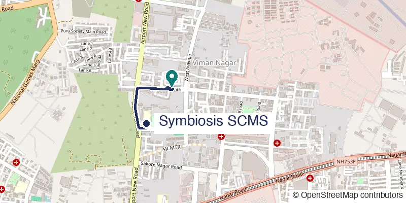 Map of Housed Goodluck in Viman Nagar, with the road route to Symbiosis SCMS. © OpenStreetMap contributors. Opens Google Maps.