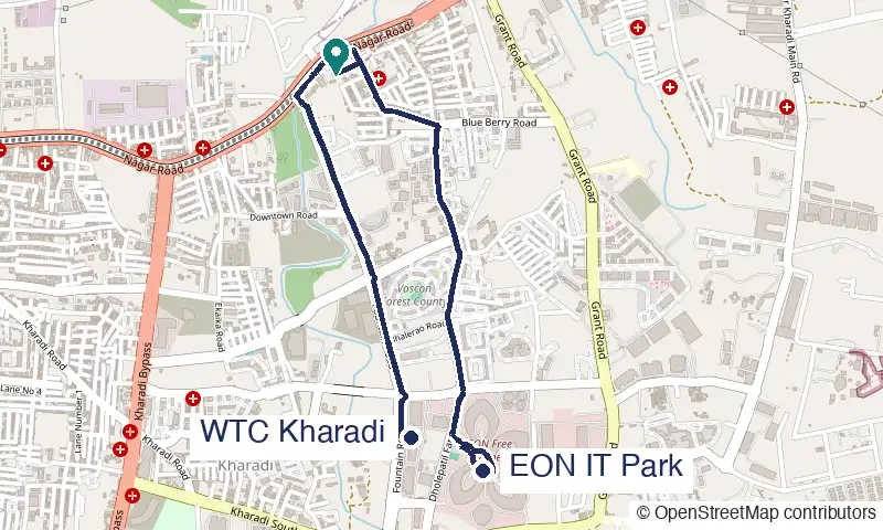 Map of Housed Infinity PG in Kharadi, with the road routes to EON IT Park and WTC Kharadi. © OpenStreetMap contributors. Opens Google Maps.